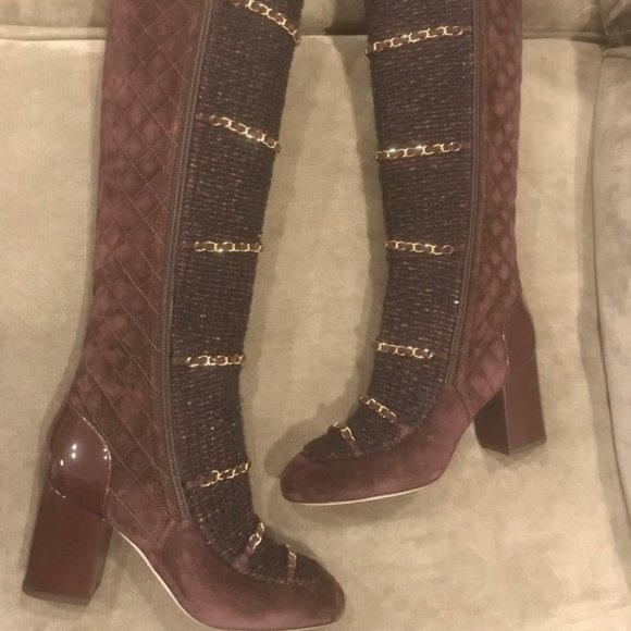 CHANEL 17B Quilted Suede Tweed Chain Zip Knee High Tall Patent Heels Boots - Picture 1 of 12